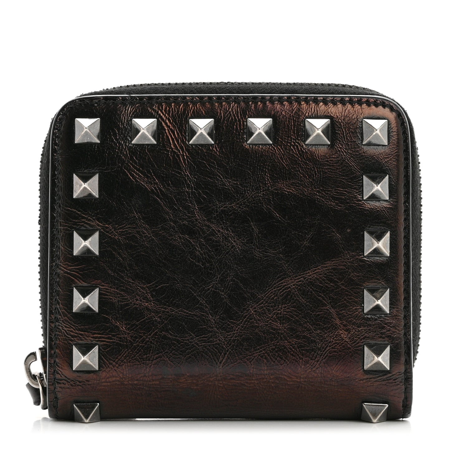 Metallic Wrinkled Calfskin Rockstud Compact Zip Around Wallet Bronze
