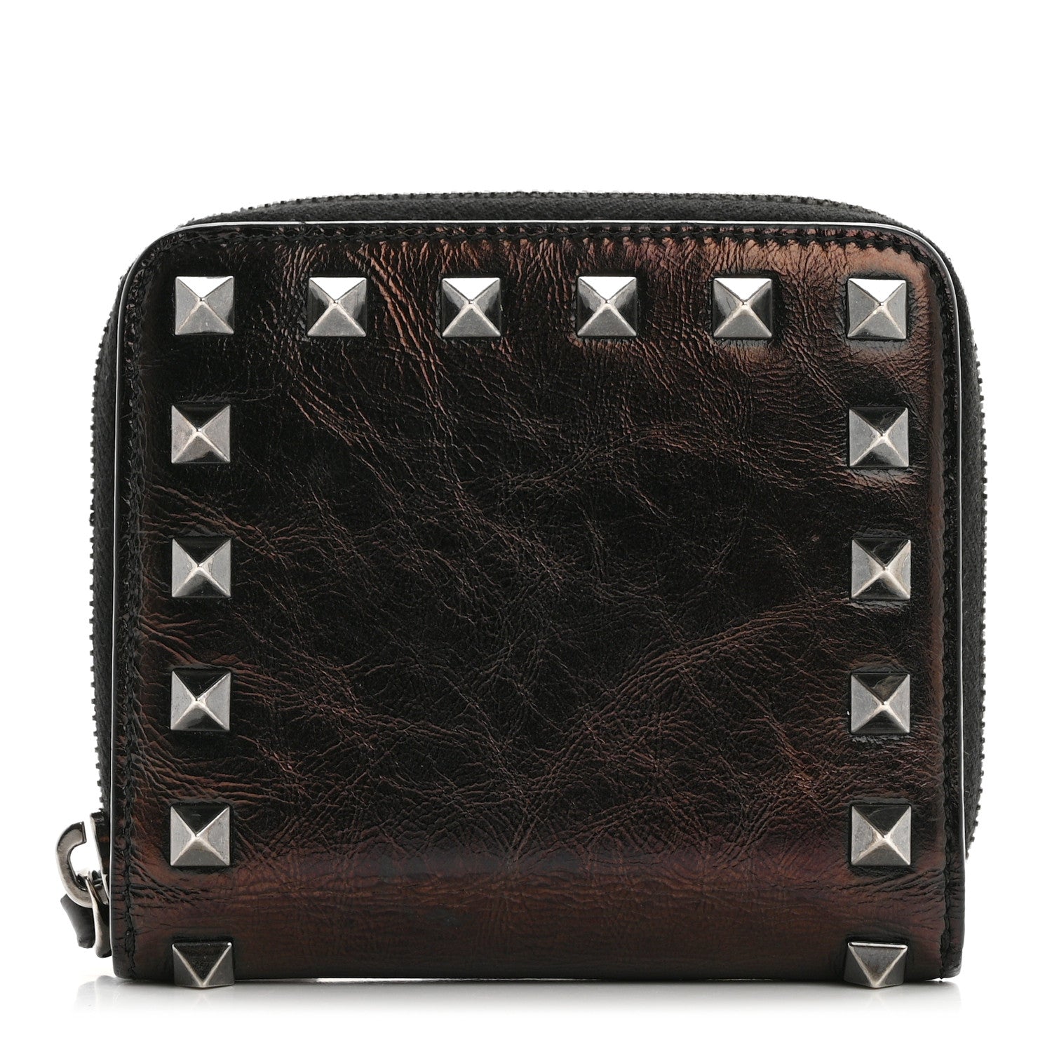 Valentino Garavani Metallic Wrinkled Calfskin Rockstud Compact Zip Around Wallet Bronze 1 of 9