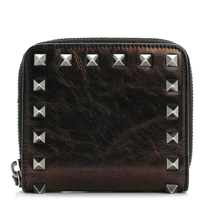 Valentino Garavani Metallic Wrinkled Calfskin Rockstud Compact Zip Around Wallet Bronze 1 of 9
