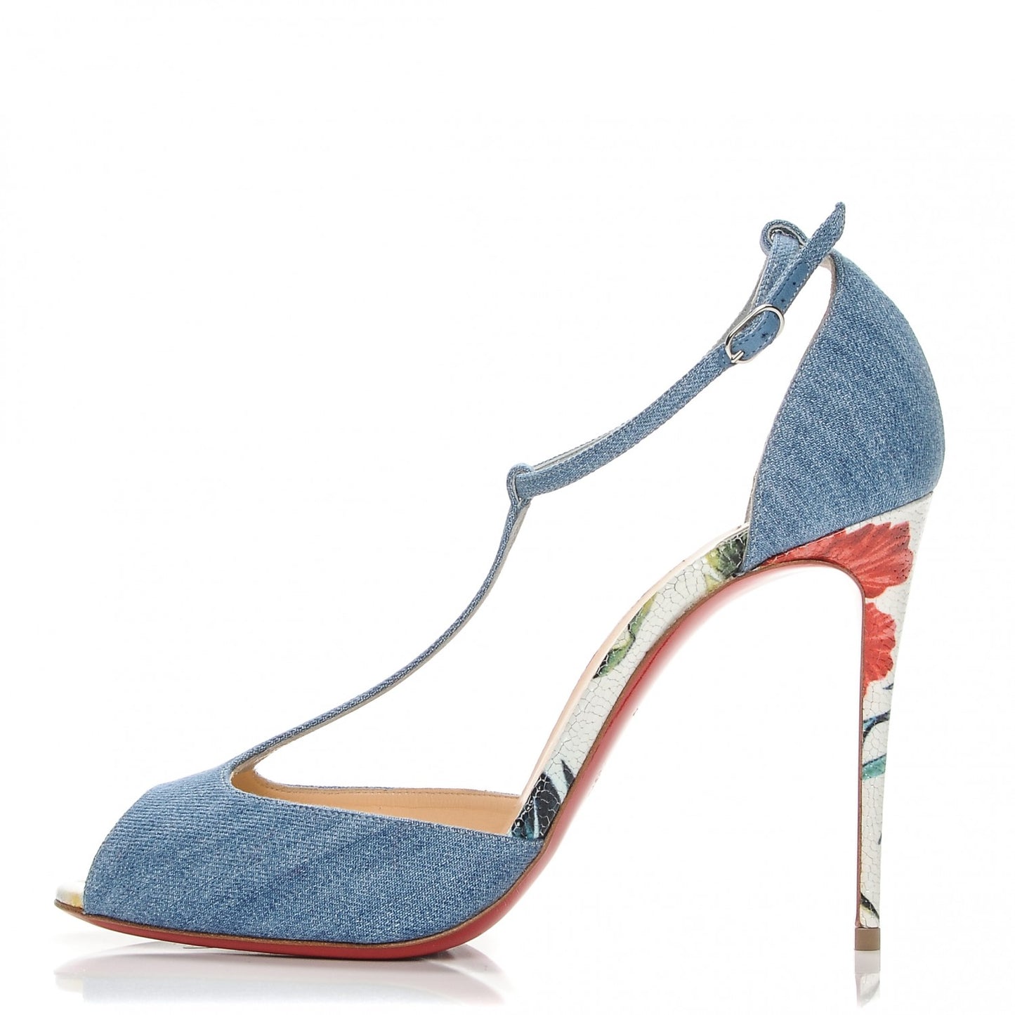 Denim Crackled Calfskin Hawaii Print Senora 100 Sandals 39.5 Blue White