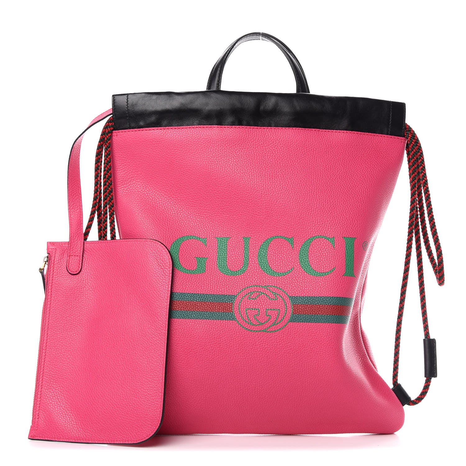 Gucci Grained Calfskin Logo Drawstring Backpack Box Pink Green Black 1 of 10