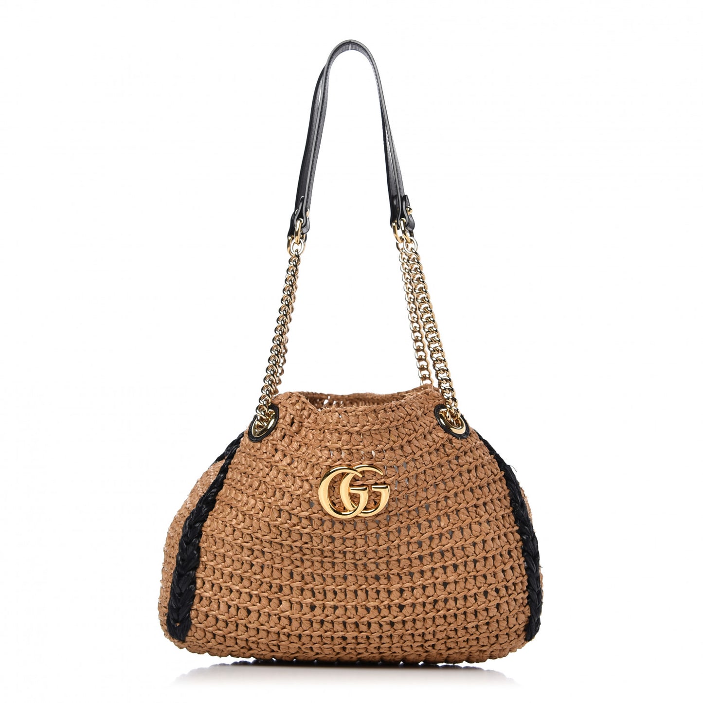 Raffia Effect Medium GG Marmont Shoulder Tote Bag Natural Black