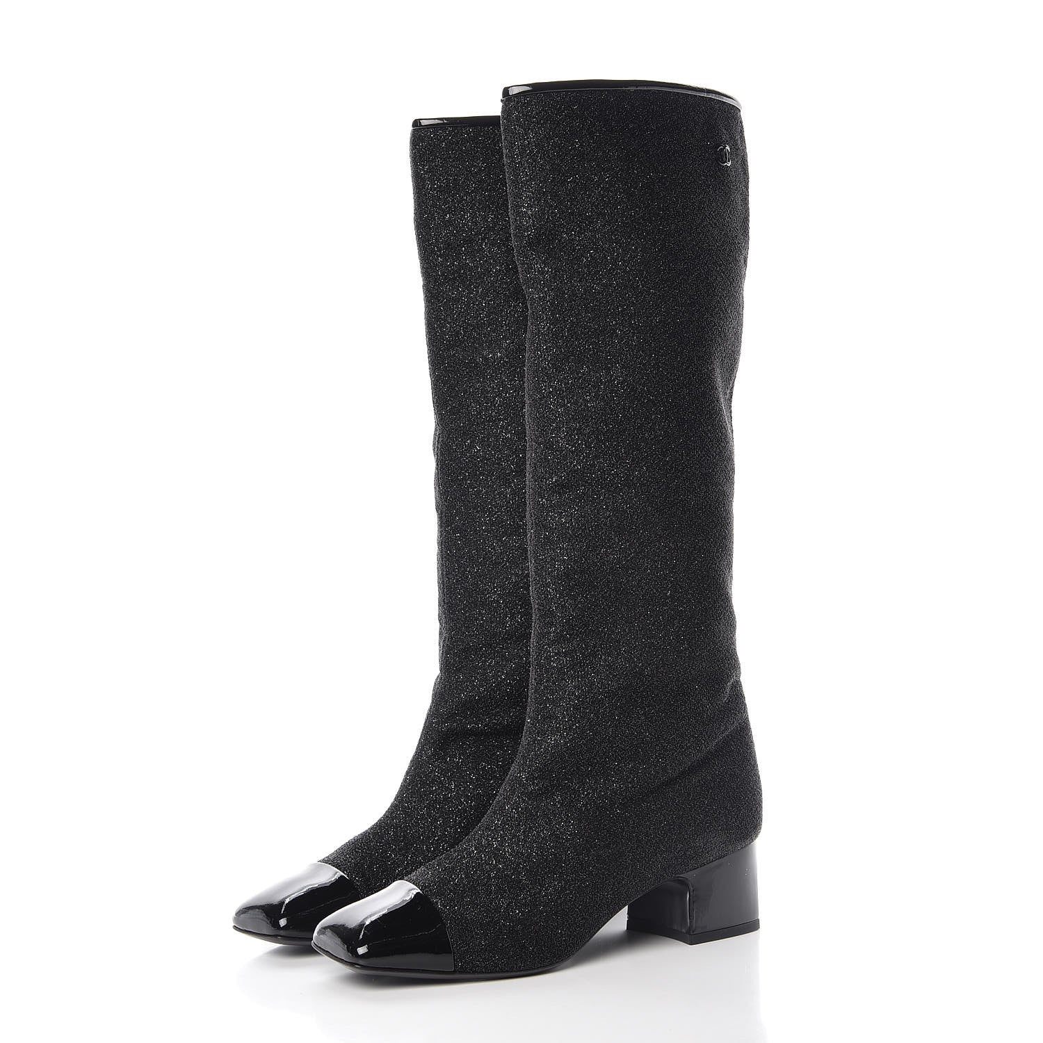 Chanel Glitter Patent Cap Toe High Boots 38.5 Black 3 of 8