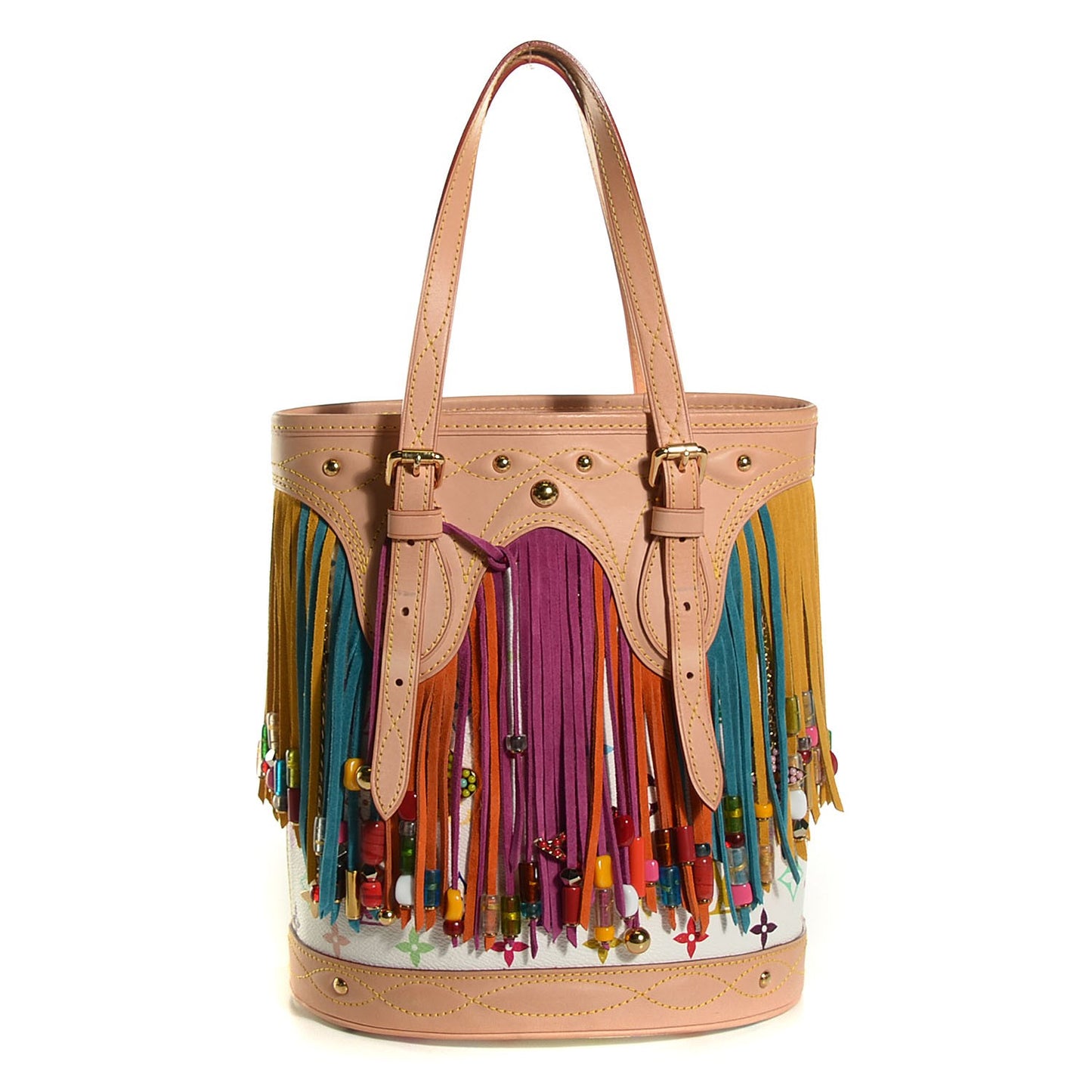 Monogram Multicolor Fringe Bucket with Accessories Pouch White