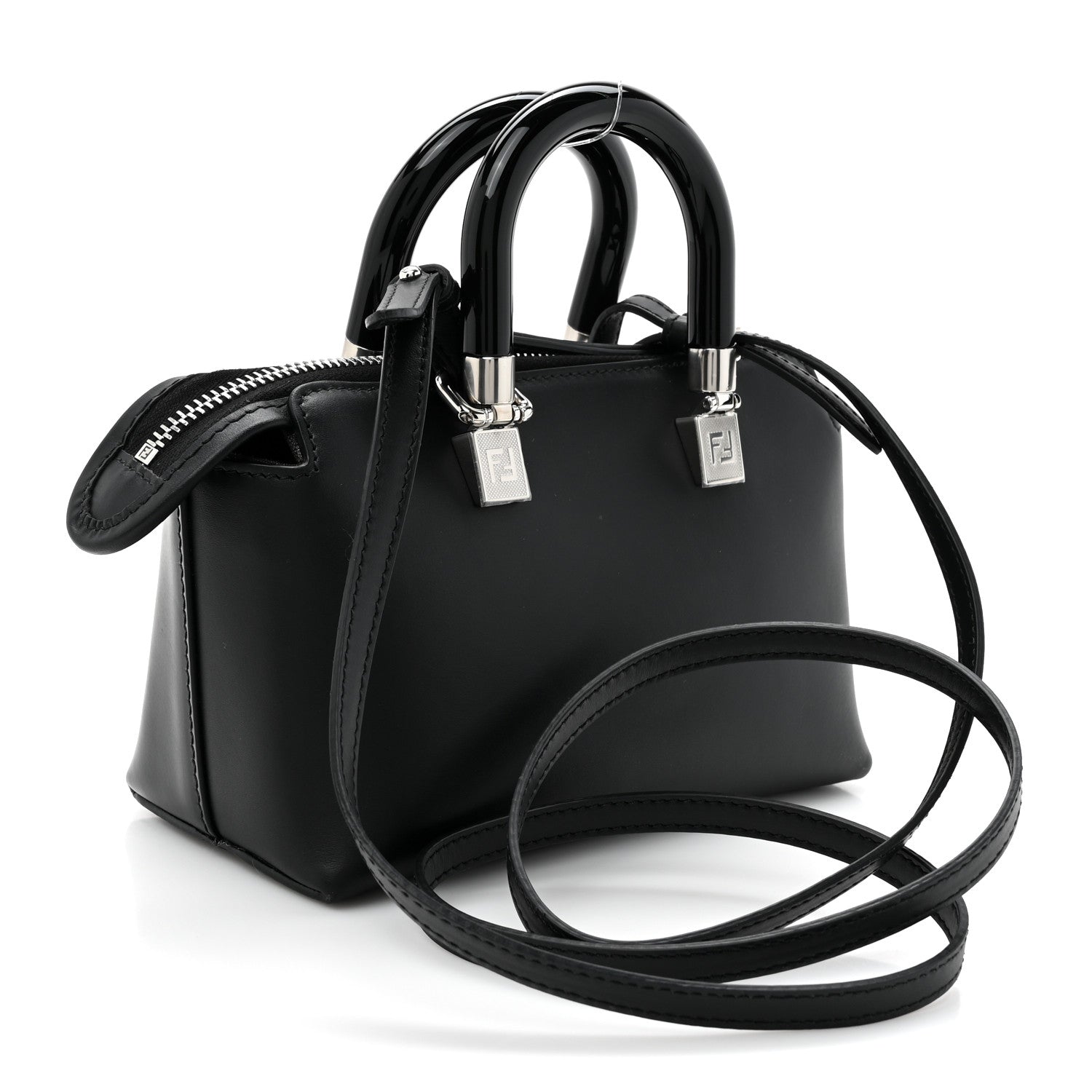 Fendi Vitello King Plexiglass Logo Embossed Mini By The Way Top Handle Boston Bag Black White 3 of 10