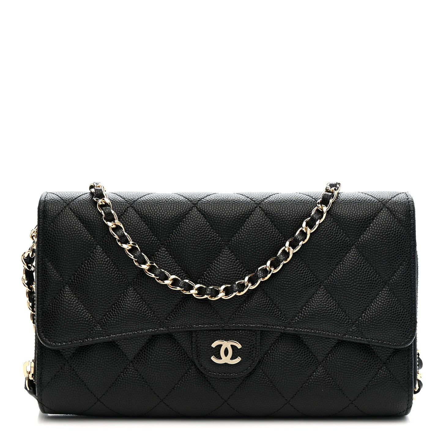 Caviar Quilted Phone Holder Wallet on Removable Chain Black