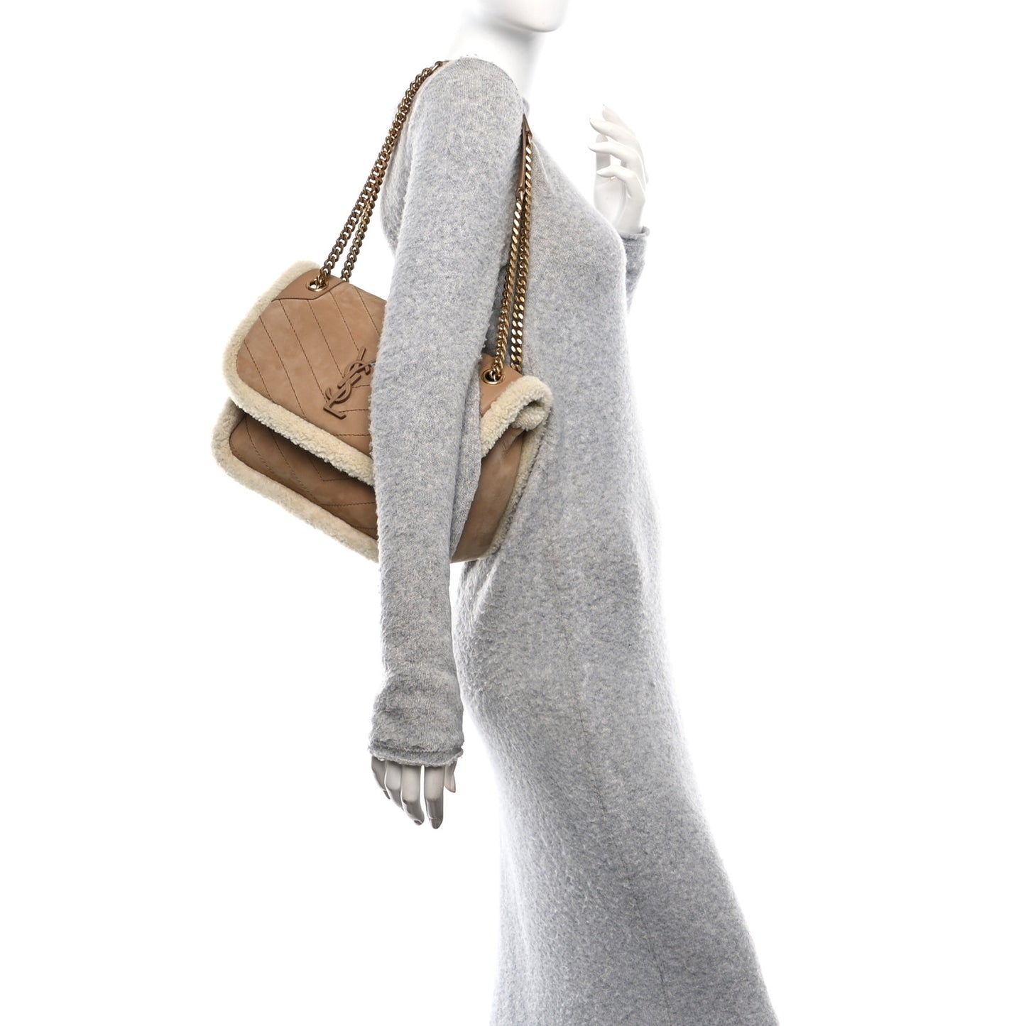 Nubuck Shearling Monogram Medium Niki Chain Satchel Ivory Natural Tan