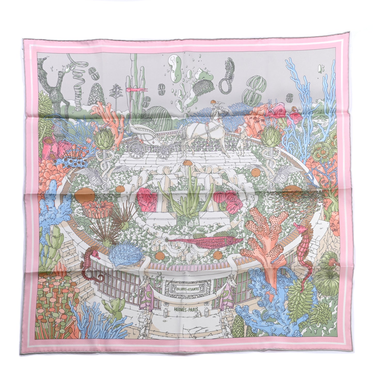 Silk Vintage Ex Libris Atlantis Scarf 70 Gris Perle Rose Pale