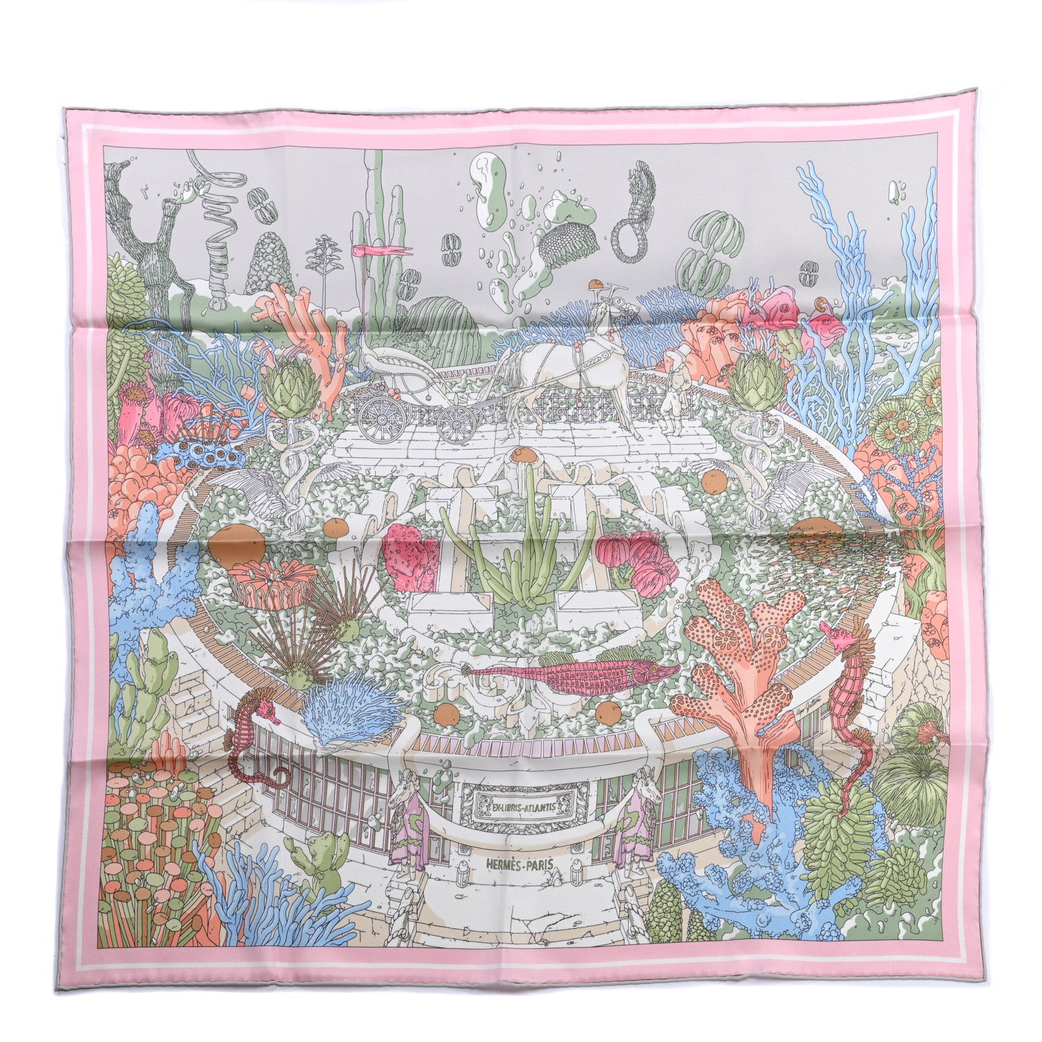 Hermes Silk Vintage Ex Libris Atlantis Scarf 70 Gris Perle Rose Pale 1 of 5