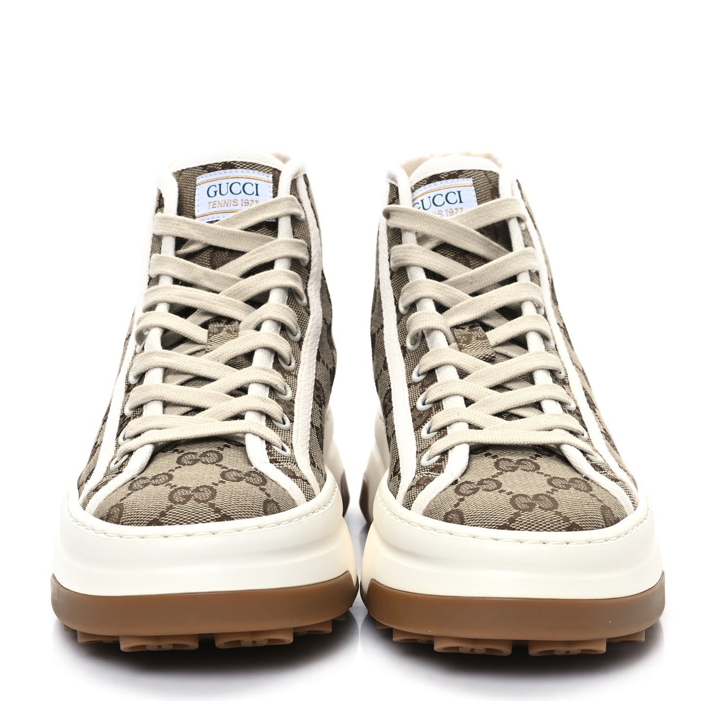 New Canvas GG Monogram Womens Tennis 1977 High Top 55mm Platform Sneakers 38.5 Beige Ebony Mystic White