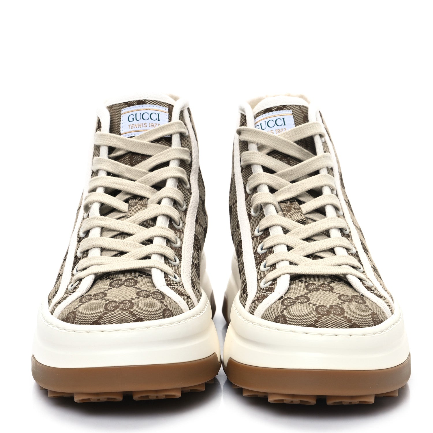 Gucci New Canvas GG Monogram Womens Tennis 1977 High Top 55mm Platform Sneakers 38.5 Beige Ebony Mystic White 3 of 9