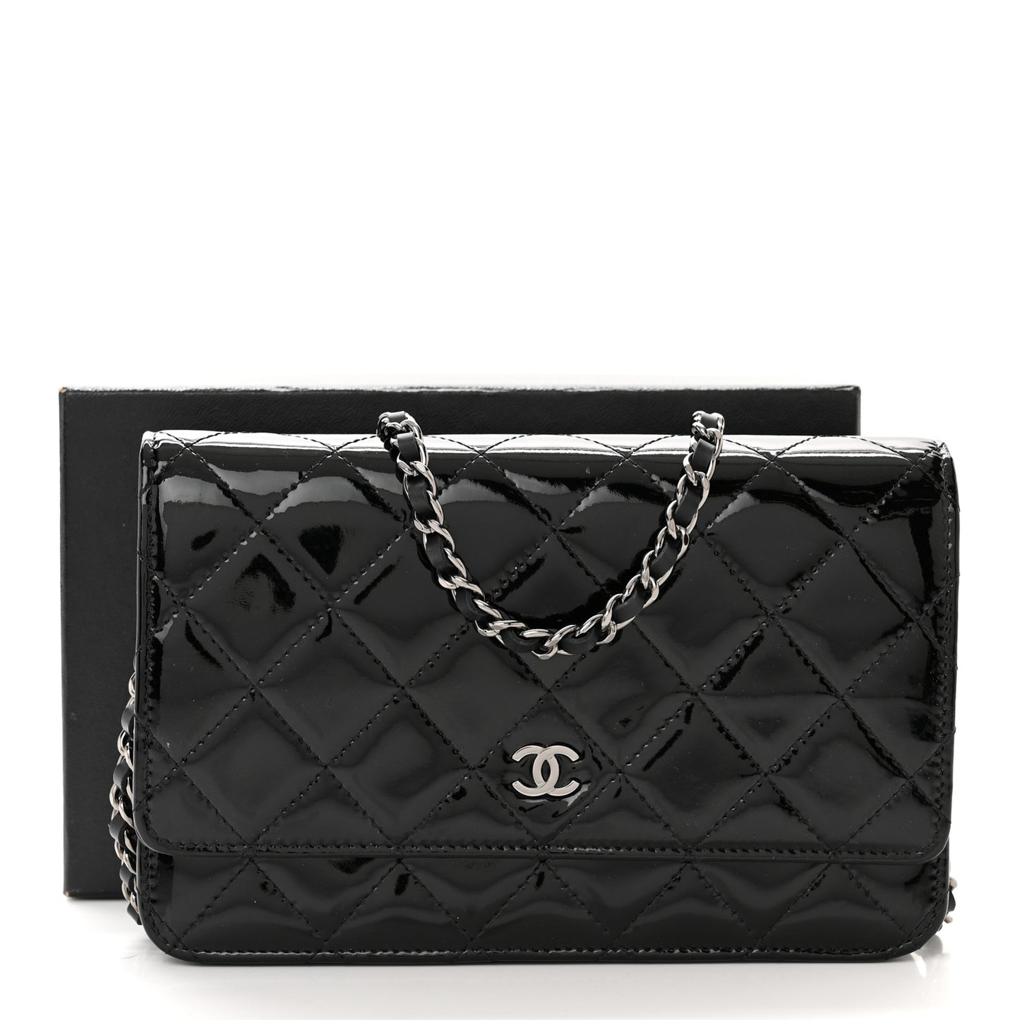 Patent Quilted Wallet On Chain WOC Black