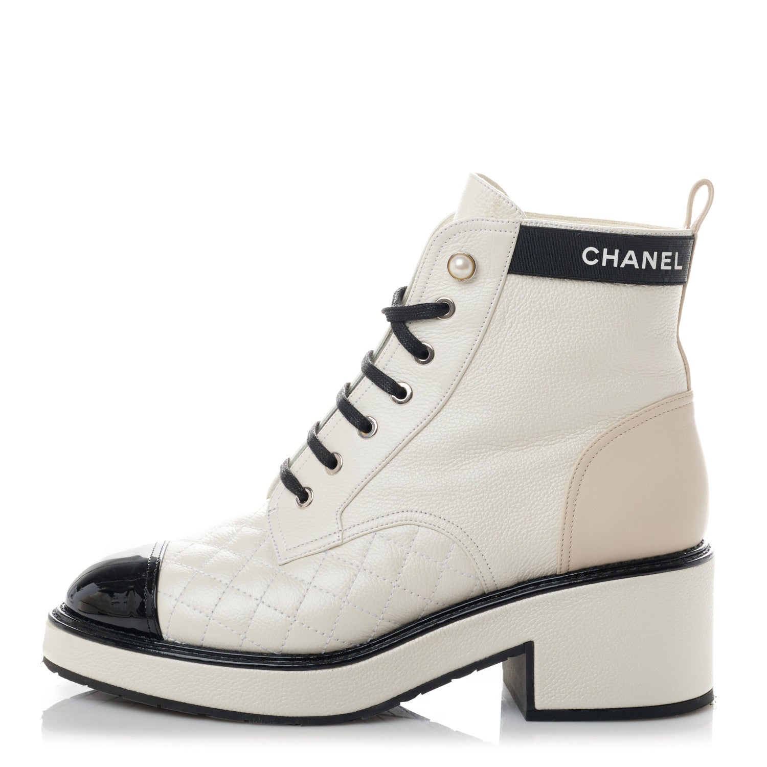 Chanel Pearly Calfskin Patent Calfskin Quilted Lace Up Boots 39.5 White Light Gray Black 1 of 11
