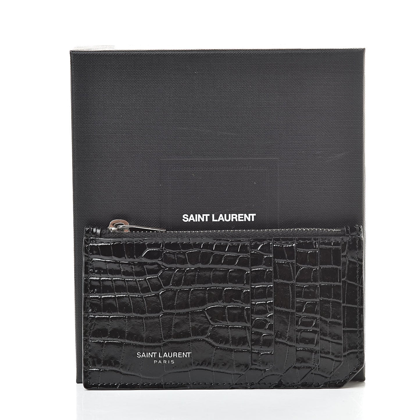 Calfskin Crocodile Embossed 5 Fragments Zip Pouch Card Holder Black