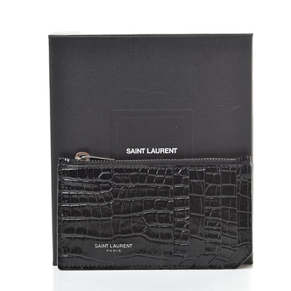 Saint Laurent Calfskin Crocodile Embossed 5 Fragments Zip Pouch Card Holder Black 8 of 8