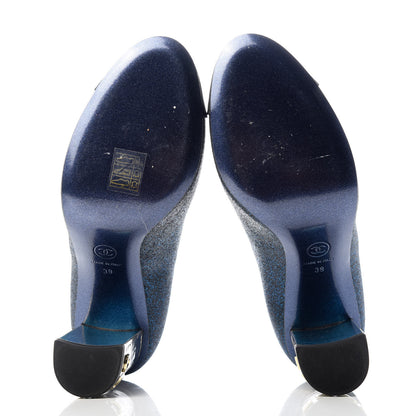 Chanel Glitter Grosgrain Cap Toe Logo Pumps 39 Blue 6 of 11