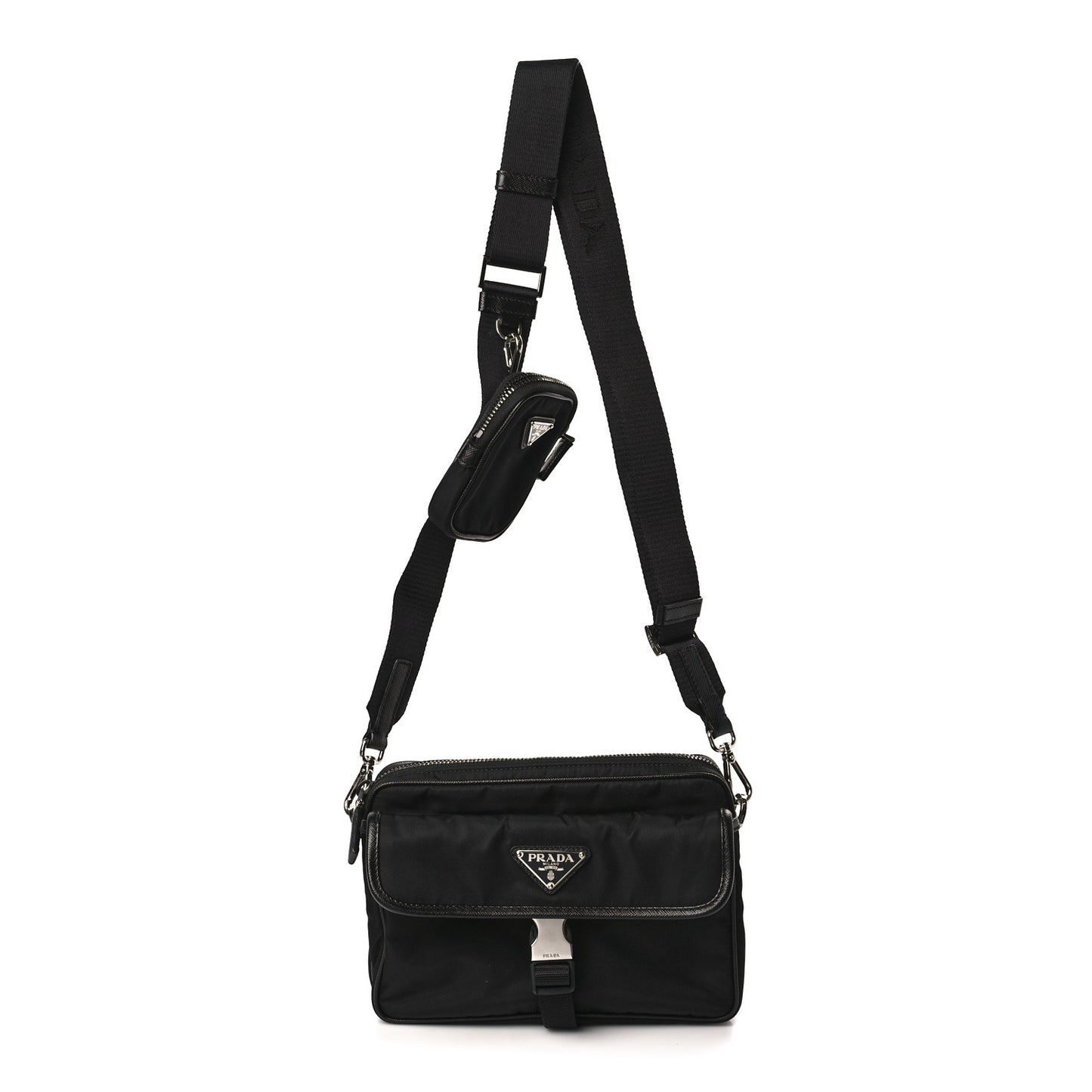 Re-Nylon Saffiano Pocket Single Snap Buckle Shoulder Bag Black