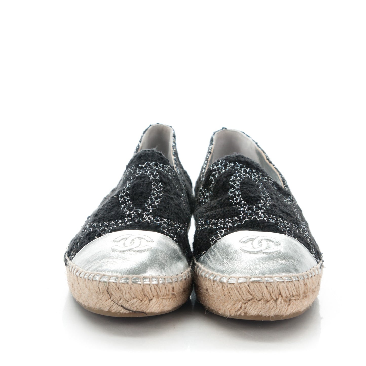 Tweed Lambskin CC Espadrilles 40 Black Silver
