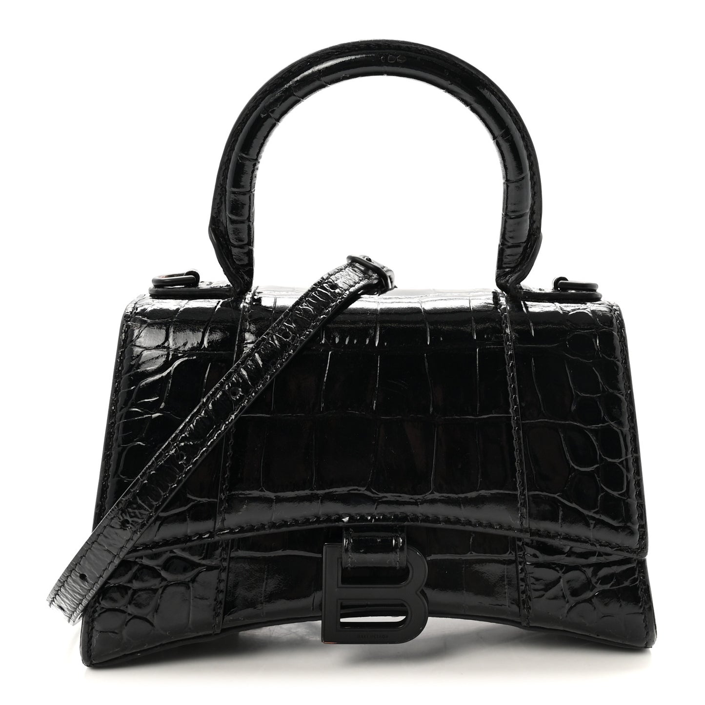 Shiny Calfskin Monochrome Crocodile Embossed Hourglass Top Handle Bag XS Black