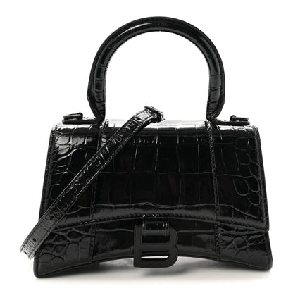 Balenciaga Shiny Calfskin Monochrome Crocodile Embossed Hourglass Top Handle Bag XS Black 1 of 9