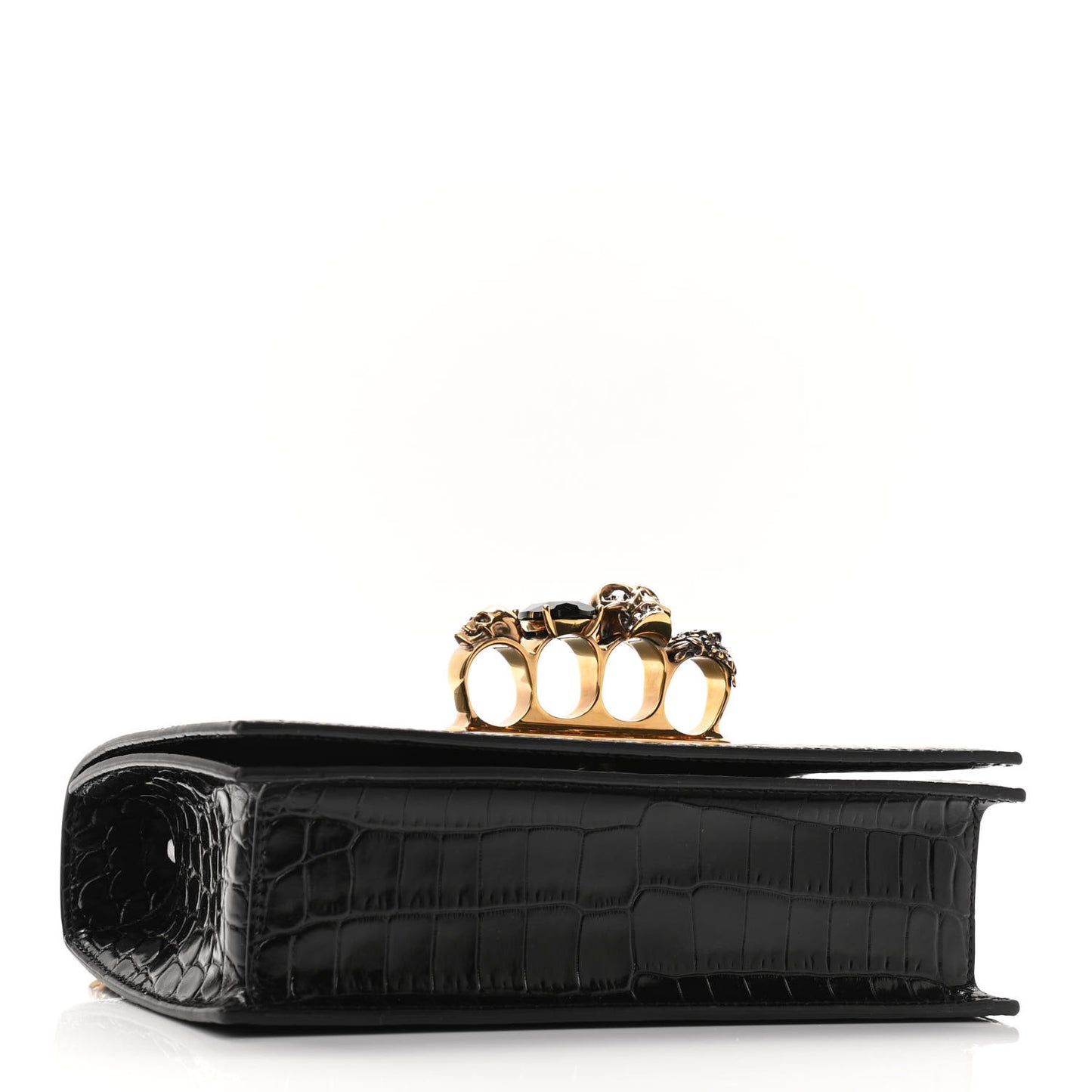 Shiny Crocodile Embossed Jeweled Satchel Black