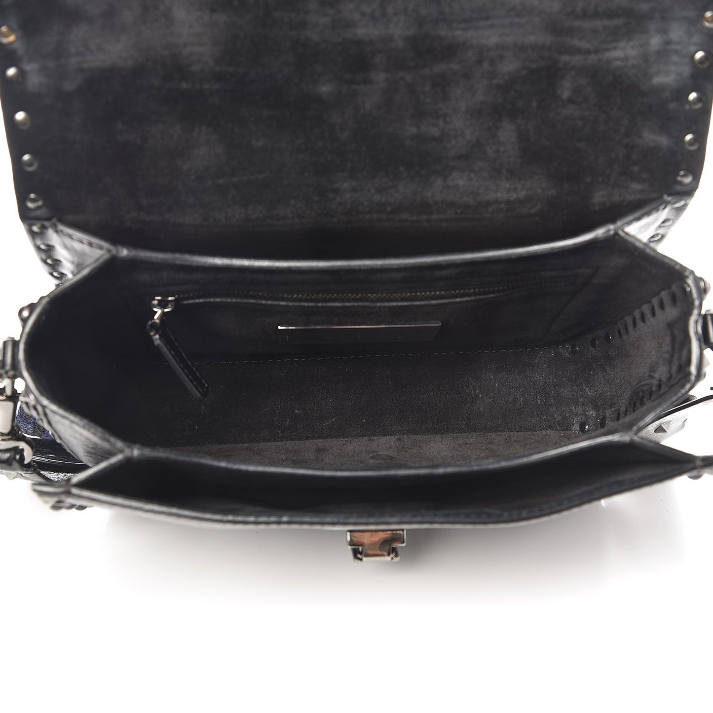 Craquele Calfskin Medium Guitar Strap Rockstud Rolling Flap Saddle Bag Black