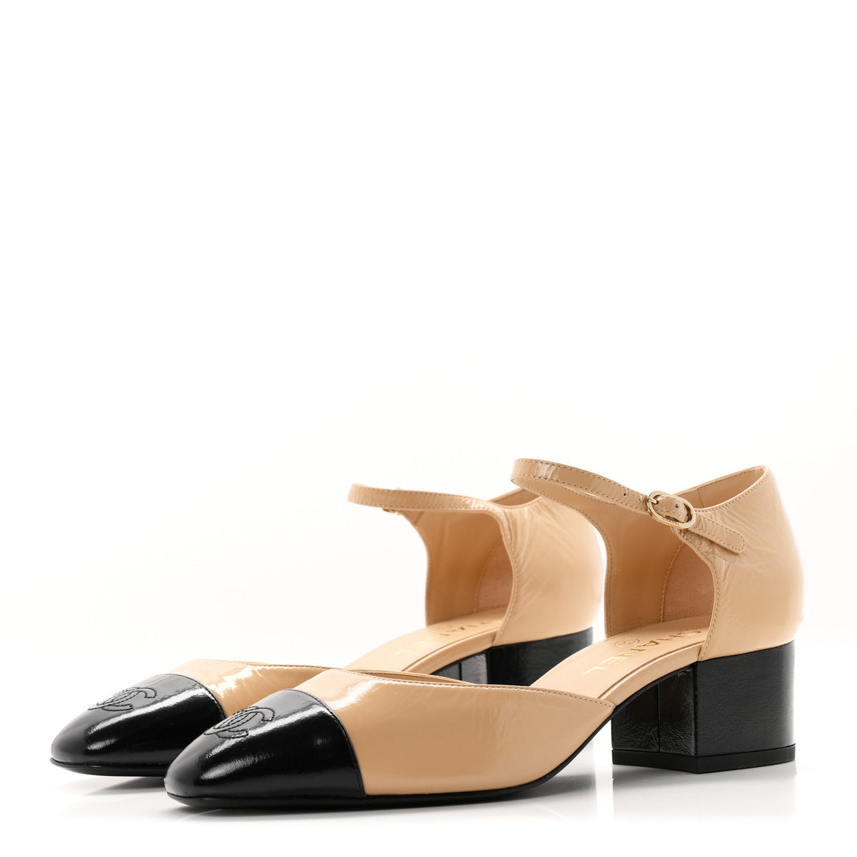 Chanel Shiny Lambskin CC Cap Toe Mary Janes Pumps 39 Beige Black 4 of 10