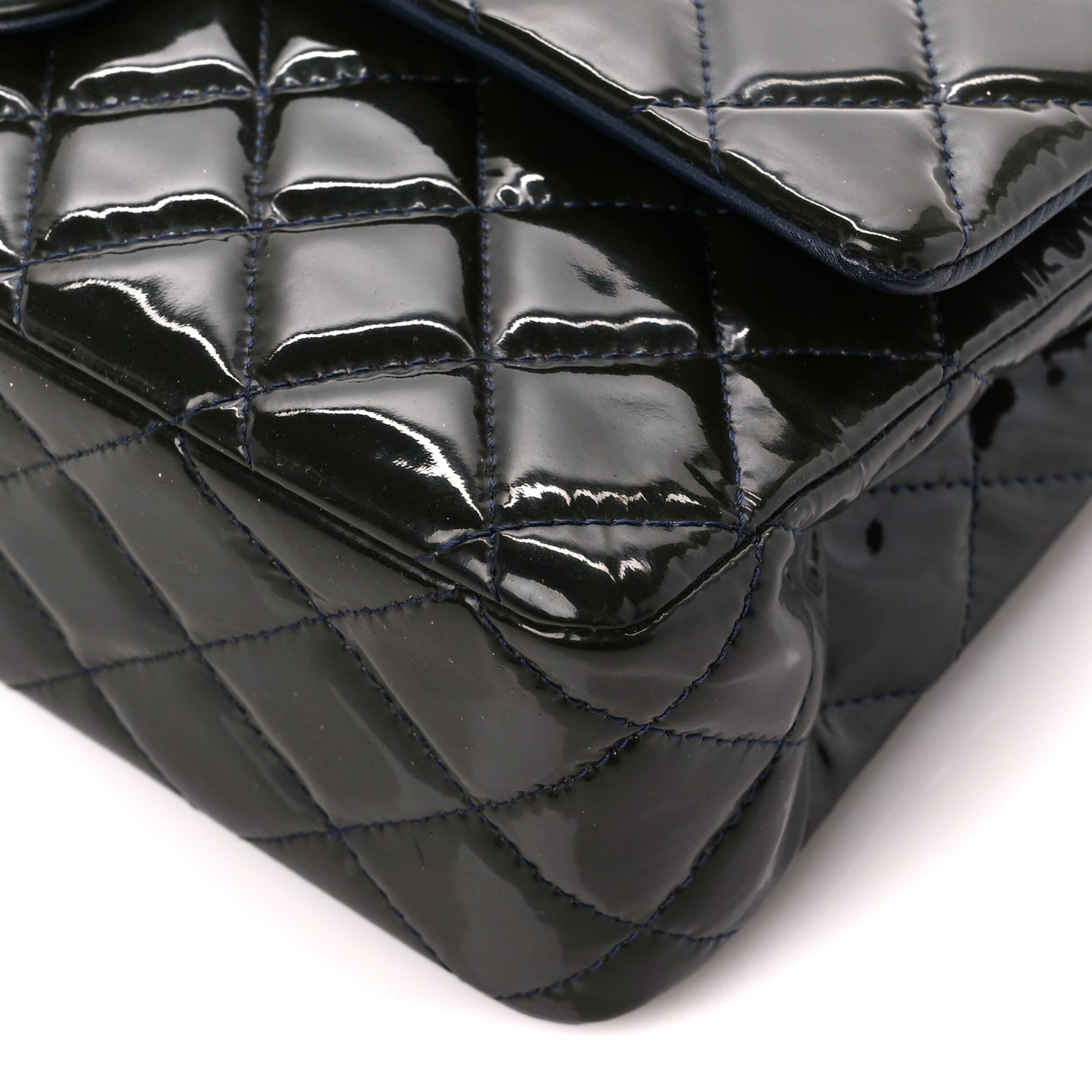 Patent Calfskin Quilted Bi-Color Medium Double Flap Navy Blue Black
