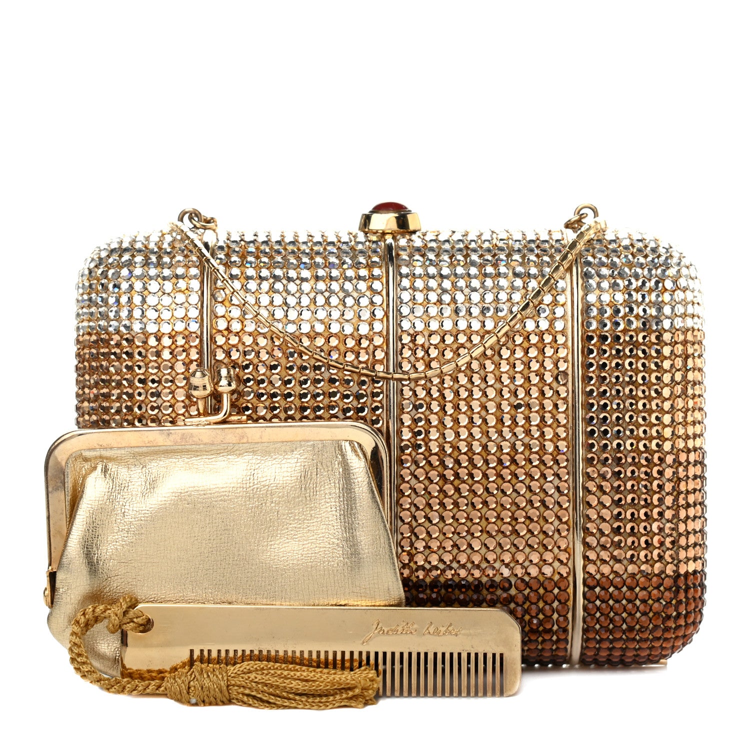 Judith Leiber Swarovski Crystal Minaudiere Clutch Gold Silver 1 of 4