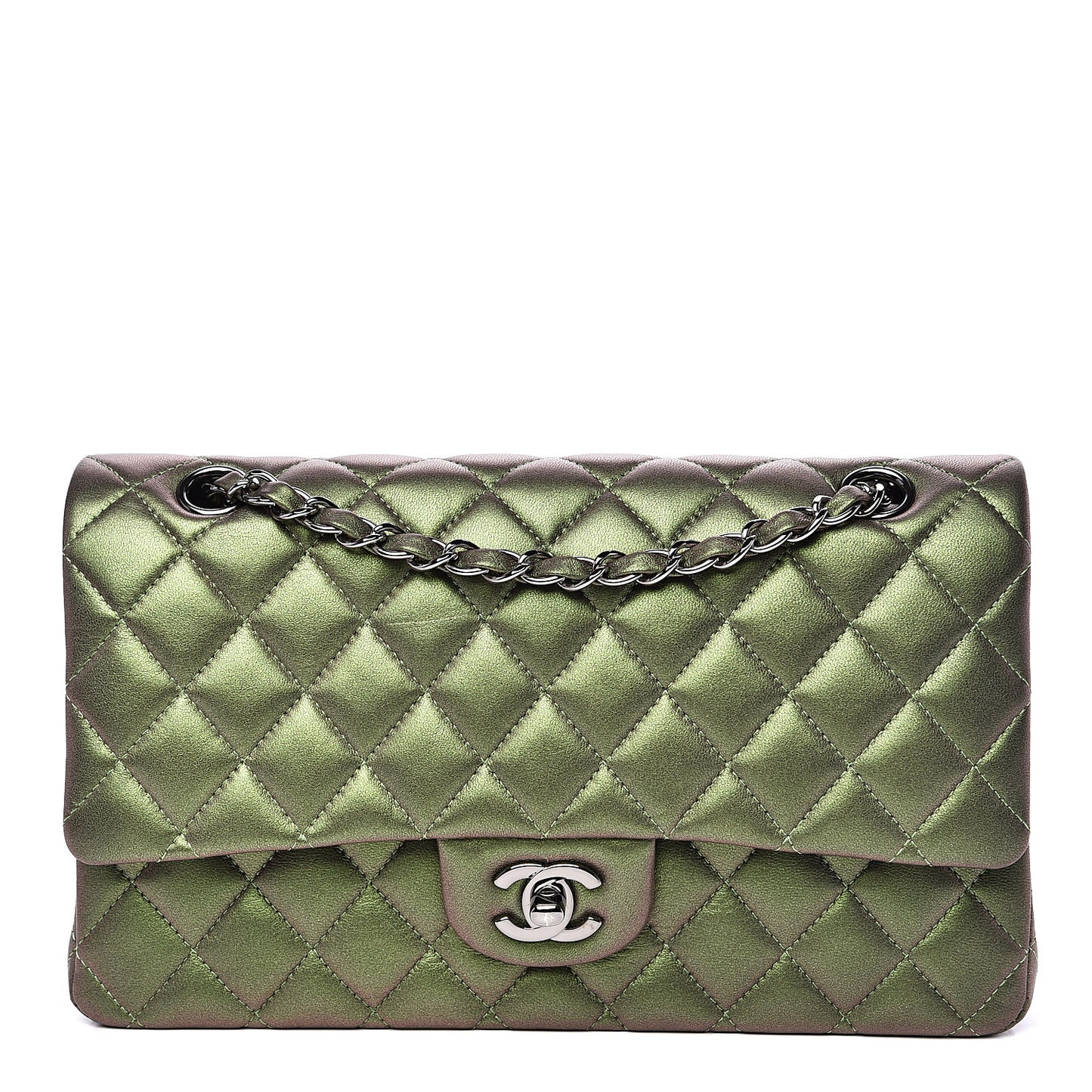 Iridescent Lambskin Quilted Medium Double Flap Green