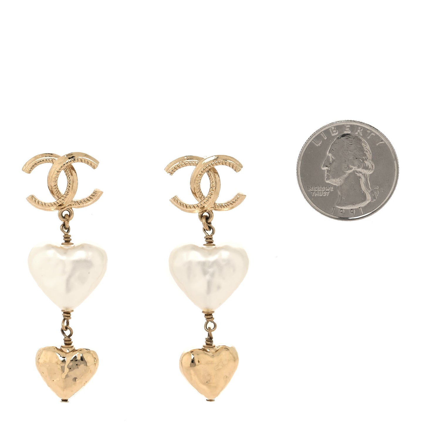 Metal Pearl CC Double Heart Drop Earrings Gold
