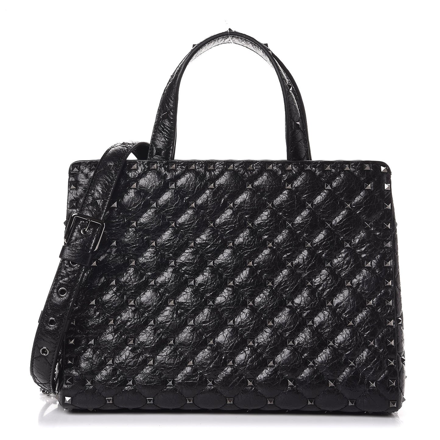 Craquele Nappa Rockstud Spike Tote Black