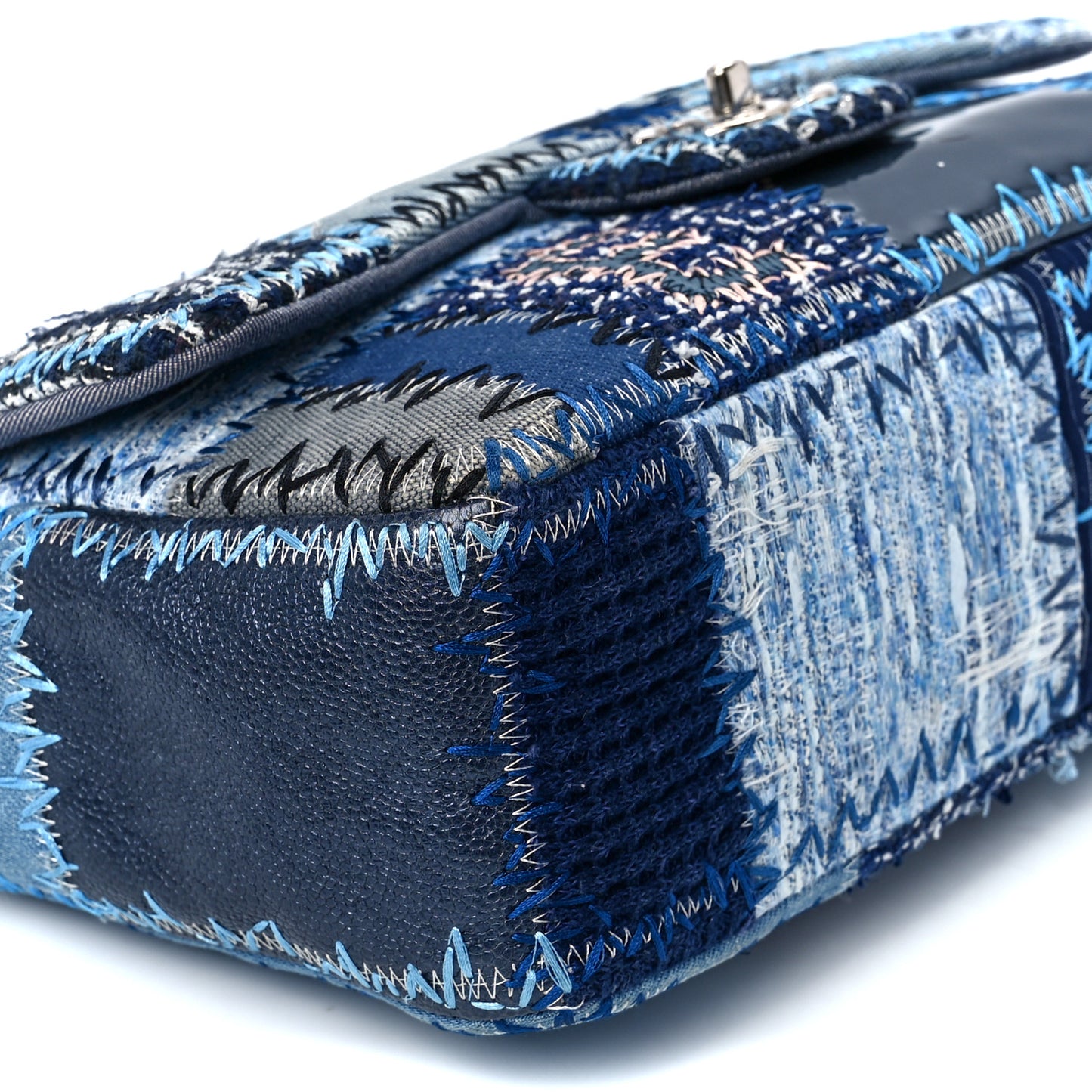 Denim Tweed Patchwork Jumbo Single Flap Blue