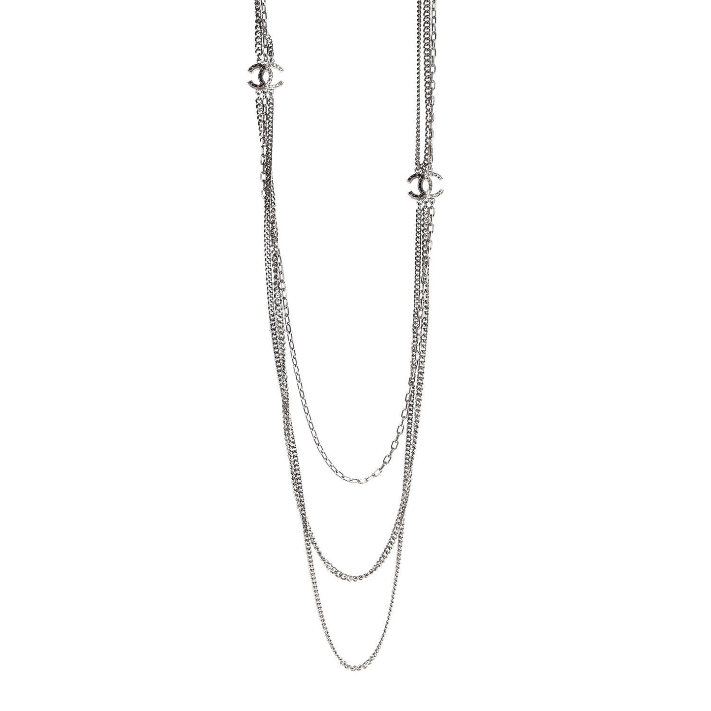 Crystal CC Multi Strand Long Chain Necklace Silver
