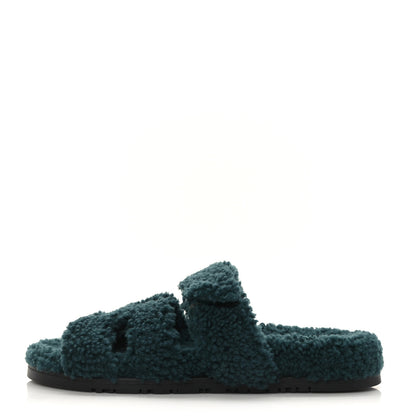 Hermes Woolskin Womens Chypre Sandals 37.5 Vert Anglais 1 of 7