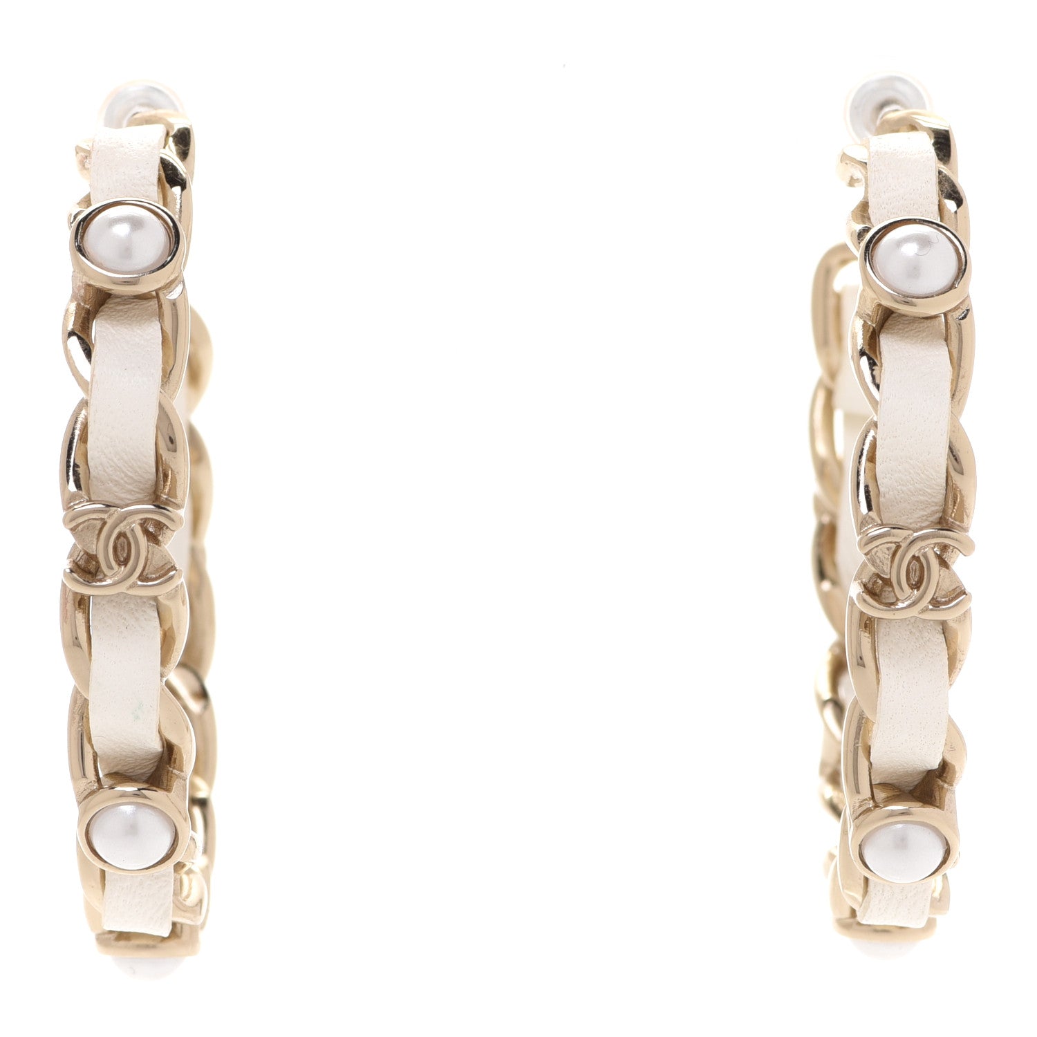 Chanel Lambskin Pearl More Is More CC Chain Hoop Earrings Matte Gold White 1 of 4