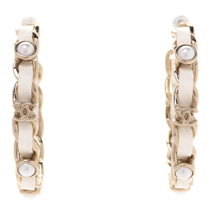 Chanel Lambskin Pearl More Is More CC Chain Hoop Earrings Matte Gold White 1 of 4