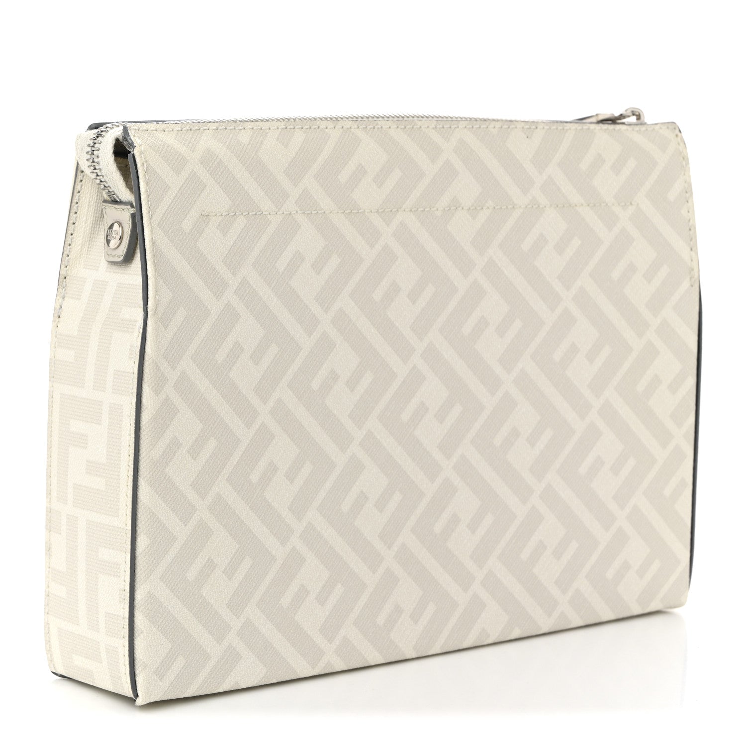 Fendi Shiny Glazed Fabric Vitello Cover FF 1974 Logo Clutch Pearl Gravel 3 of 11