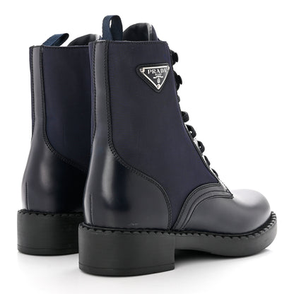 Prada Spazzolato Re-Nylon Metal Triangle Logo Womens 50mm Combat Boots 39 Bleu 4 of 9