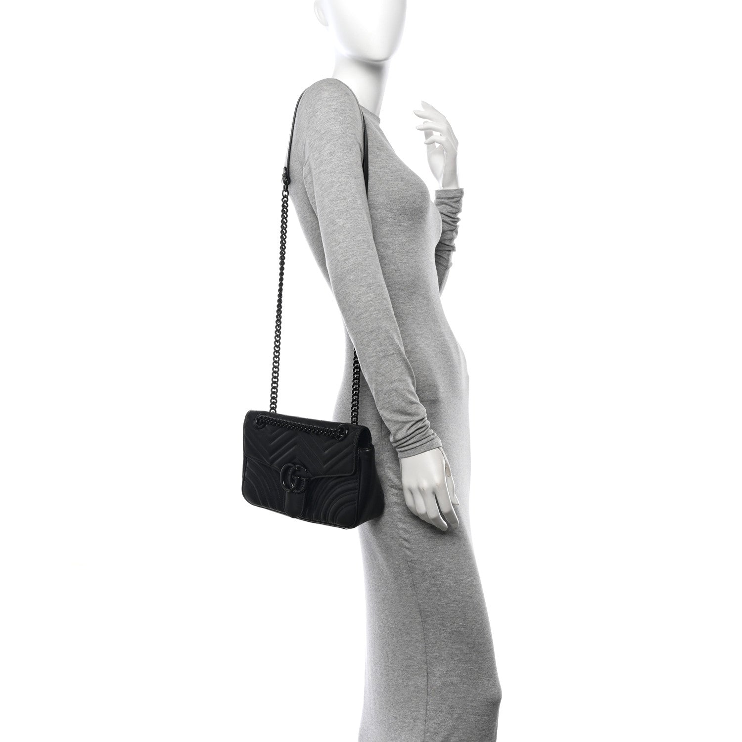 Gucci Calfskin Matelasse Monochrome Small GG Marmont Shoulder Bag Black 2 of 10