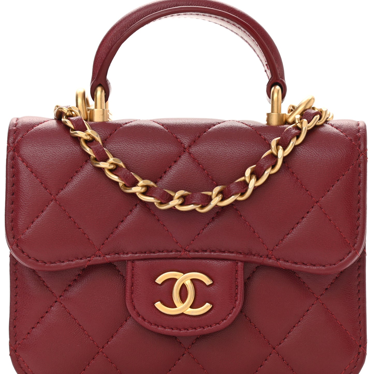 Lambskin Quilted Top Handle Flap Coin Purse With Chain Burgundy