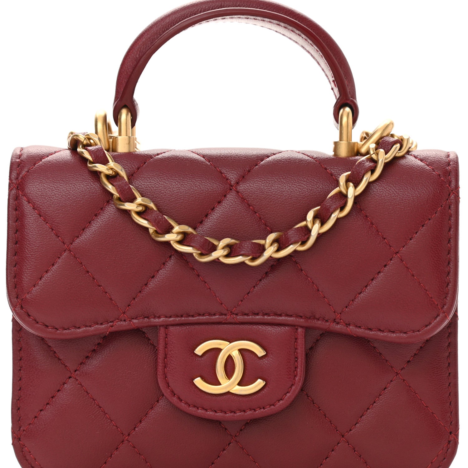 Chanel Lambskin Quilted Top Handle Flap Coin Purse With Chain Burgundy 9 of 12