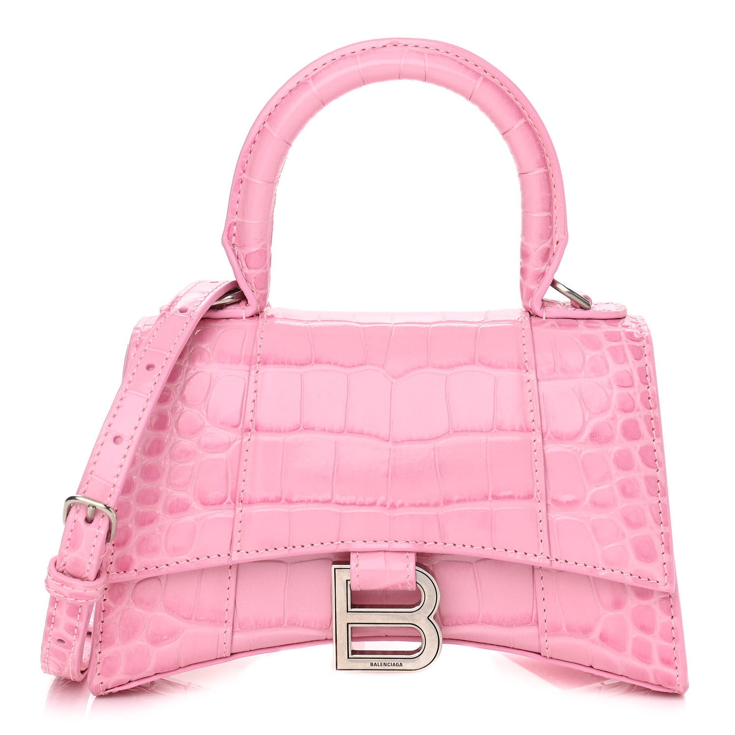 Shiny Calfskin Crocodile Embossed Hourglass Top Handle Bag XS Pink