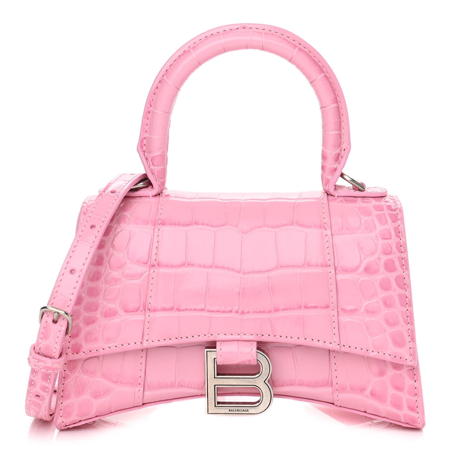 Balenciaga Shiny Calfskin Crocodile Embossed Hourglass Top Handle Bag XS Pink 1 of 11