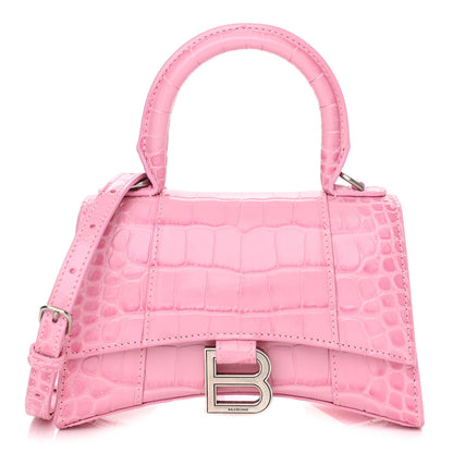 Balenciaga Shiny Calfskin Crocodile Embossed Hourglass Top Handle Bag XS Pink 1 of 11