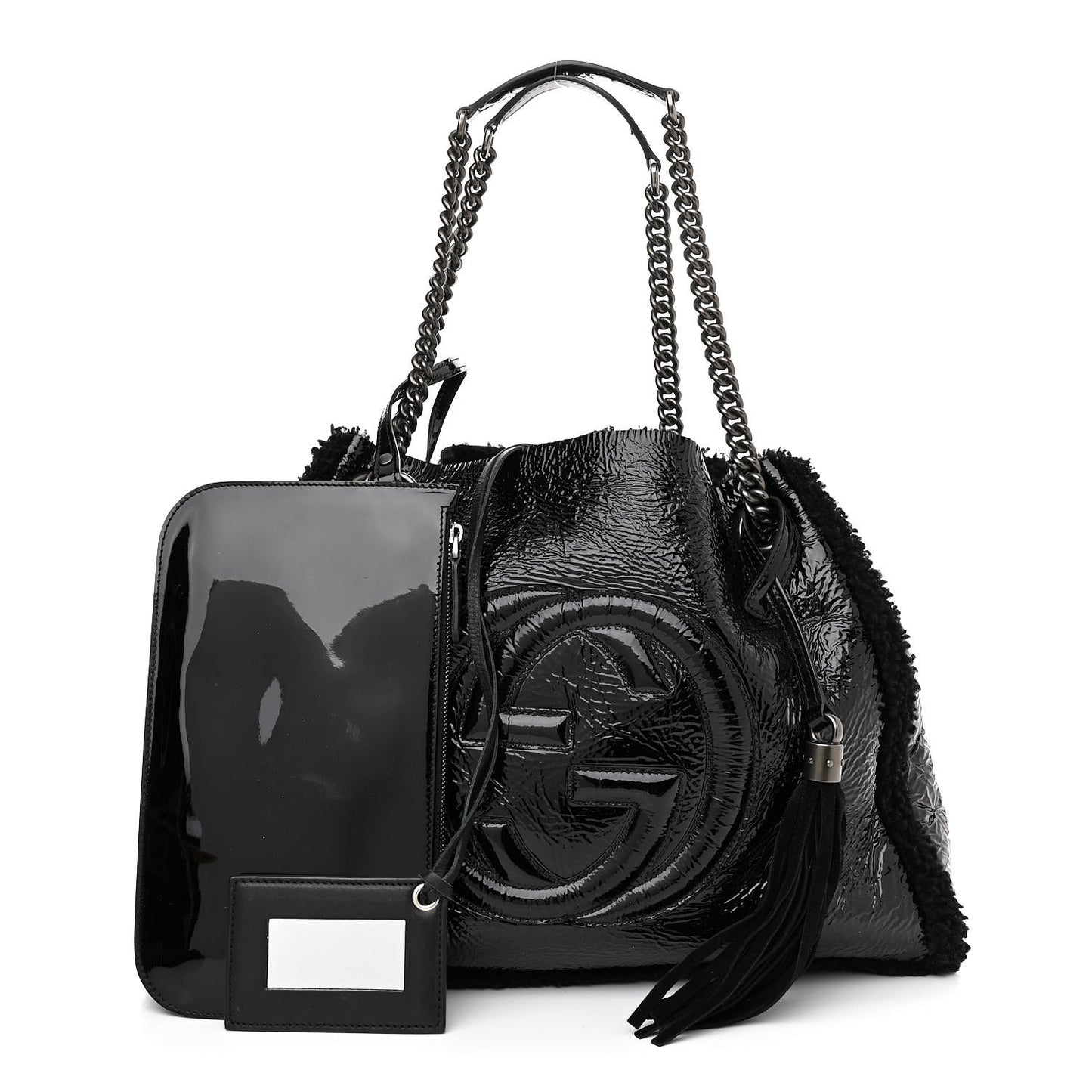 Patent Shearling Medium Soho Chain Shoulder Bag Black