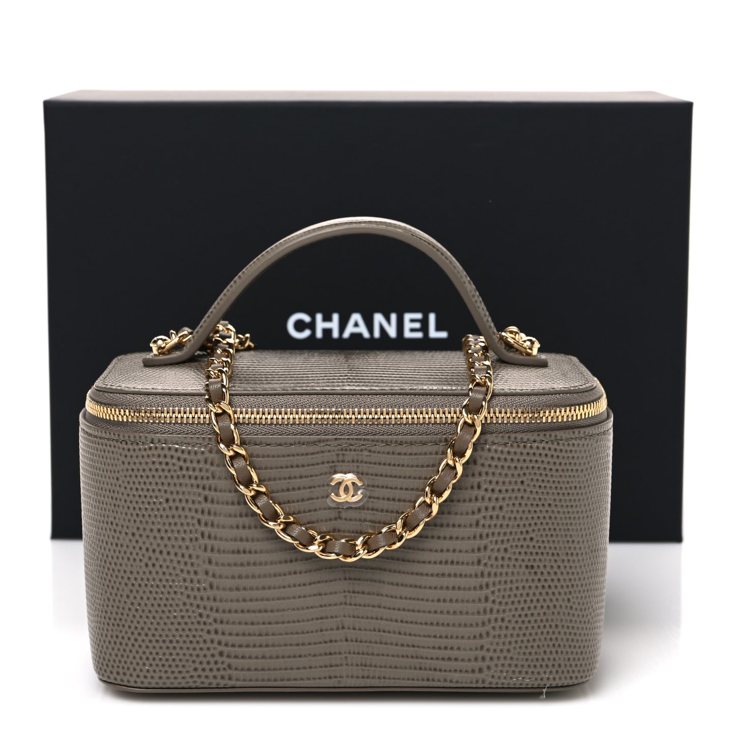 Calfskin Lizard Embossed Top Handle Vanity With Chain Dark Khaki