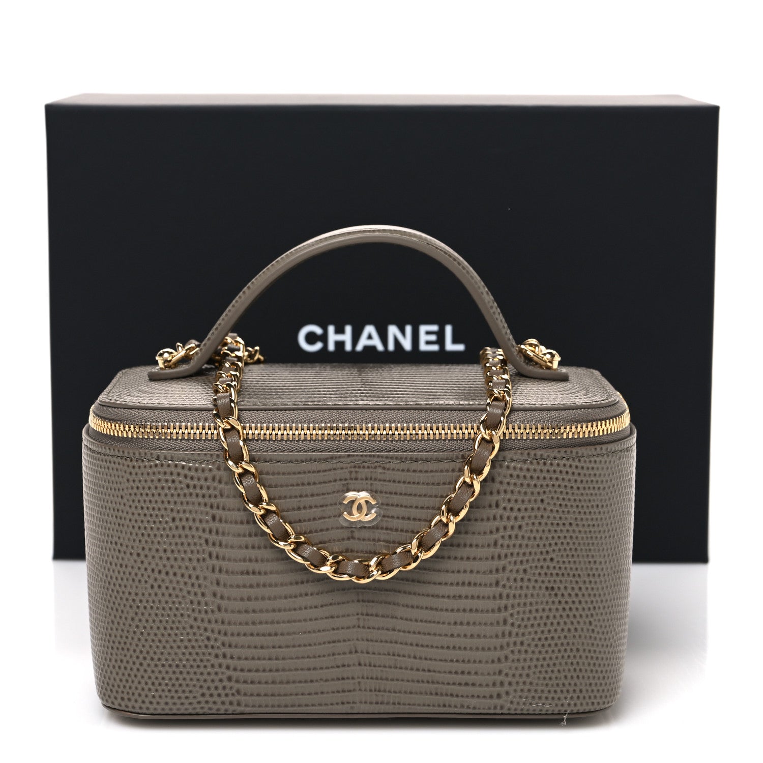 Chanel Calfskin Lizard Embossed Top Handle Vanity With Chain Dark Khaki 11 of 11