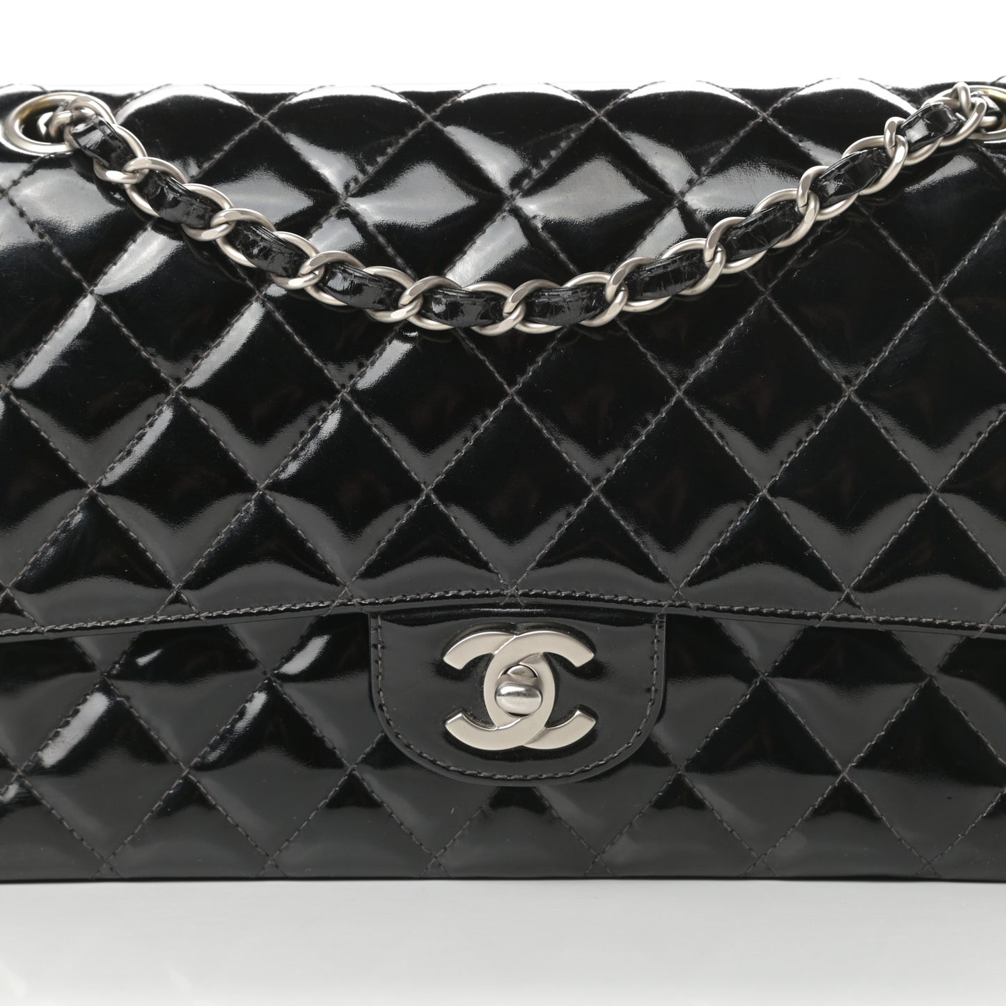 Patent Quilted Medium Double Flap Black