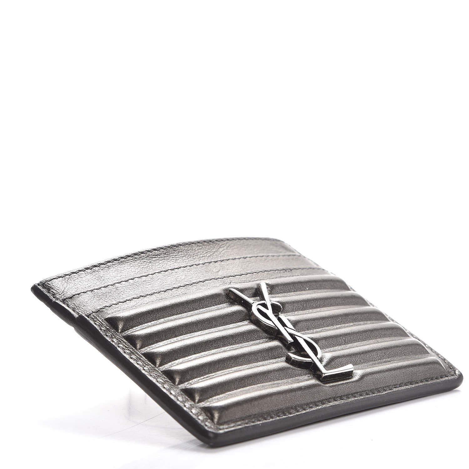Saint Laurent Metallic Ribbed Calfskin Opium Monogram Credit Card Case Graphite 4 of 7